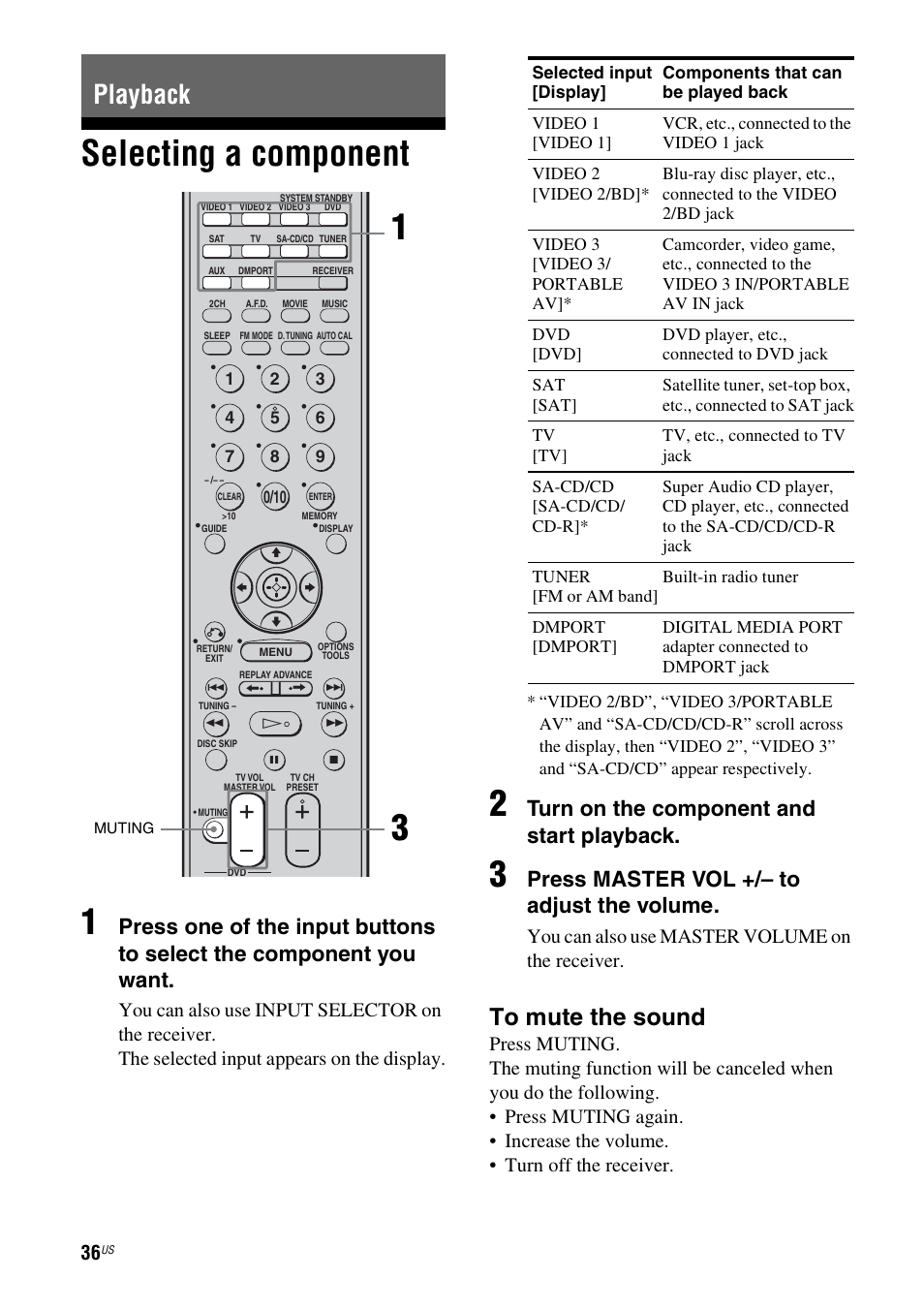Playback, Selecting a component, Selecting a component 1 | Turn on the component and start playback, Press master vol +/– to adjust the volume, You can also use master volume on the receiver | Sony HT-DDW990 User Manual | Page 36 / 80