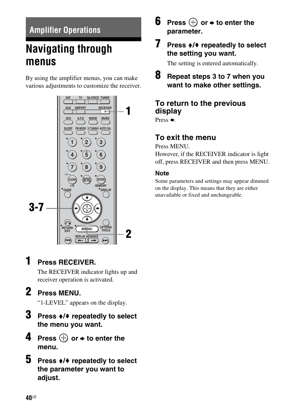 Amplifier operations, Navigating through menus | Sony HT-DDW990 User Manual | Page 40 / 80