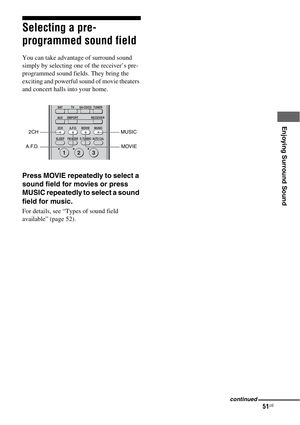Selecting a pre- programmed sound field, Selecting a pre-programmed sound field, En jo ying surr o und s ound | Sony HT-DDW990 User Manual | Page 51 / 80