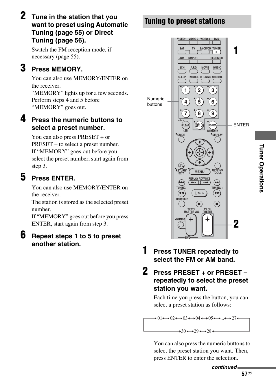 Tuning to preset stations, Press enter, Repeat steps 1 t o 5 to preset another station | Press tuner repeatedly to select the fm or am band | Sony HT-DDW990 User Manual | Page 57 / 80