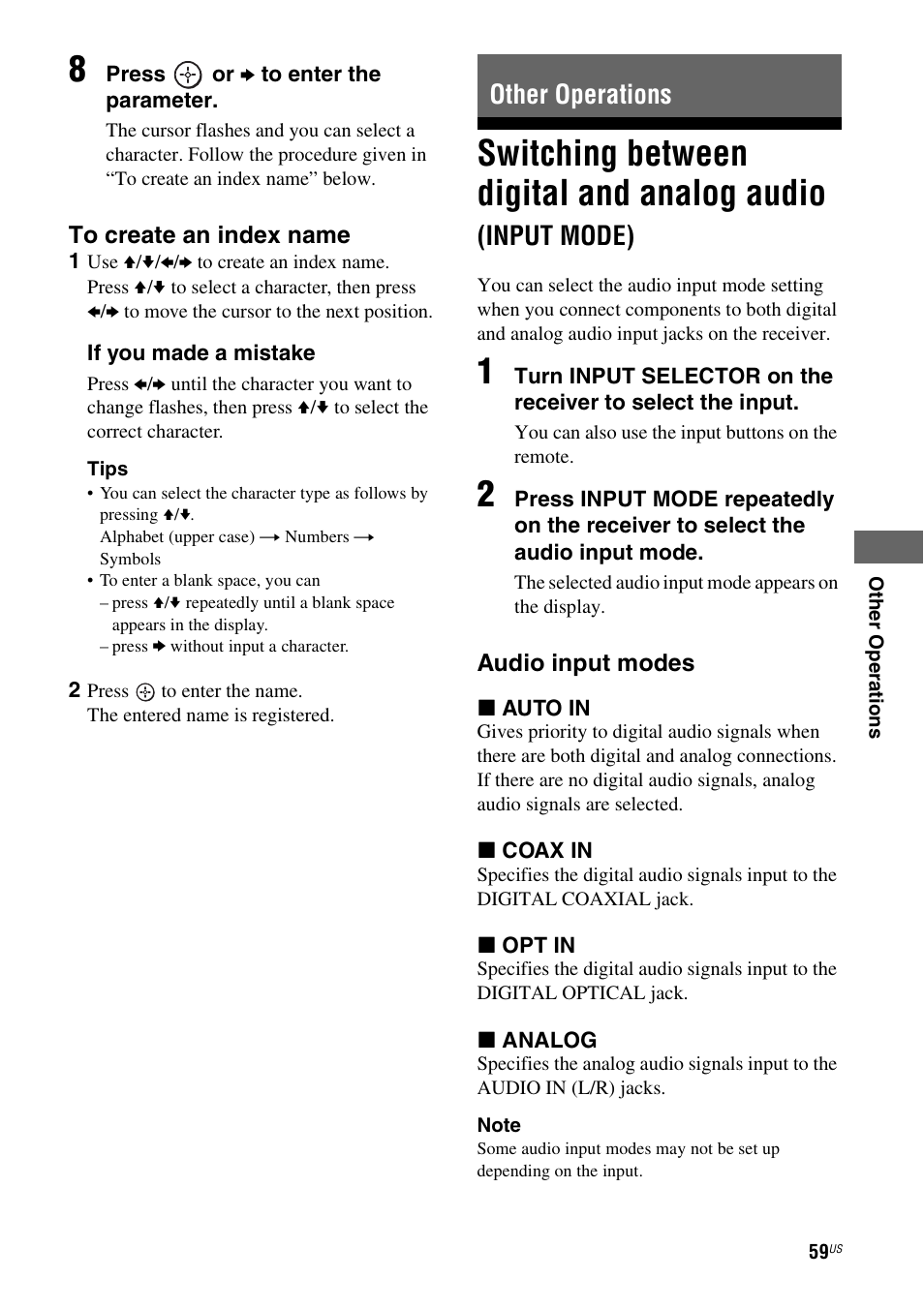 Other operations, Switching between digital and analog audio, Input mode) | Sony HT-DDW990 User Manual | Page 59 / 80