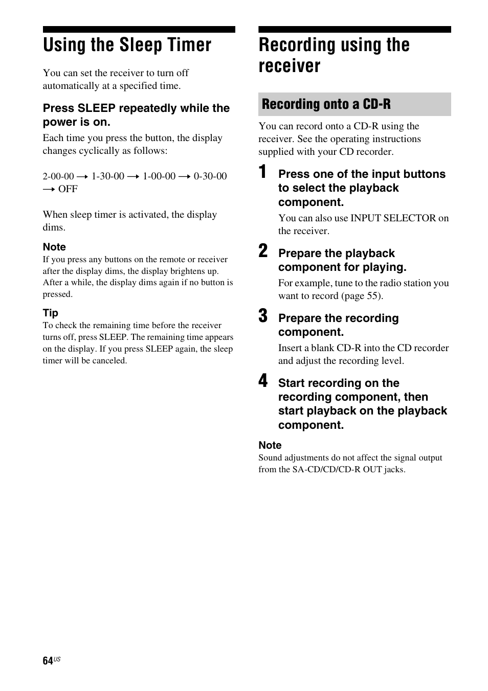 Using the sleep timer, Recording using the receiver, Using the sleep timer recording using the receiver | Recording onto a cd-r | Sony HT-DDW990 User Manual | Page 64 / 80