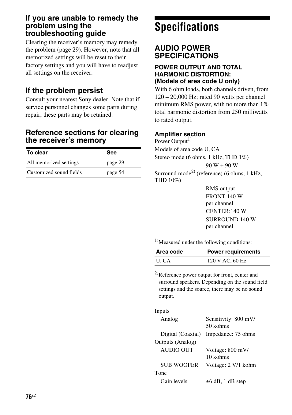 Specifications, If the problem persist, Audio power specifications | Sony HT-DDW990 User Manual | Page 76 / 80