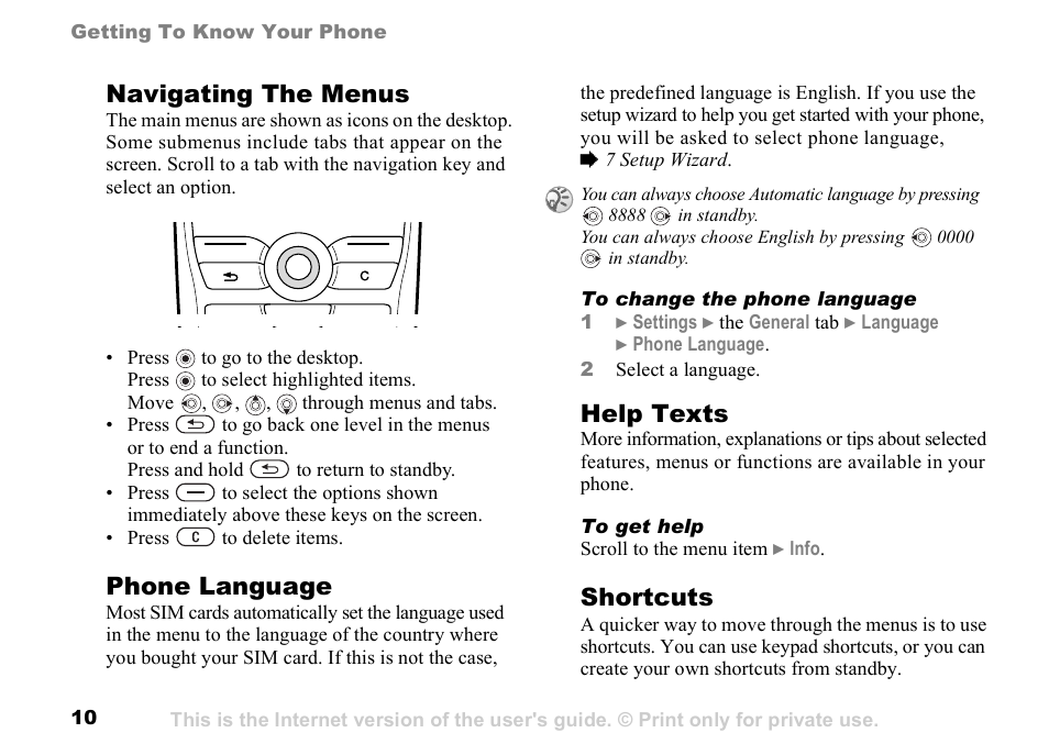 10 navigating the menus, Navigating the menus, Phone language | Help texts, Shortcuts | Sony K500 User Manual | Page 10 / 93