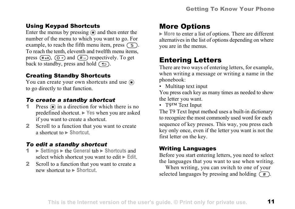 More options, Entering letters | Sony K500 User Manual | Page 11 / 93