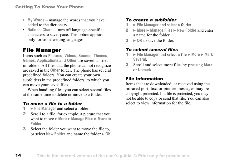 File manager | Sony K500 User Manual | Page 14 / 93