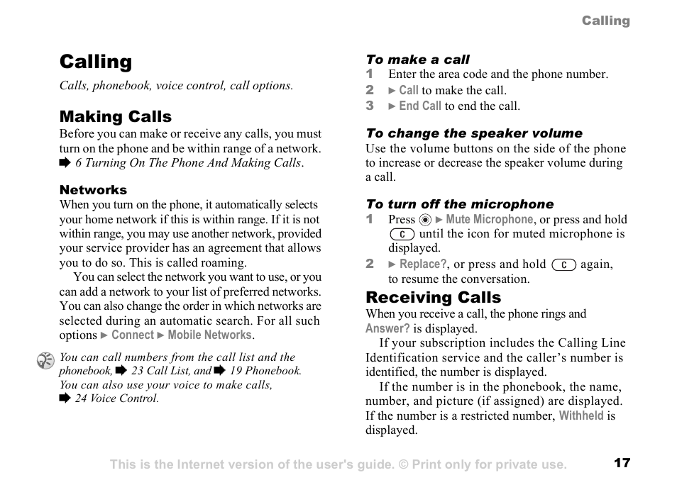 Calling, Making calls, Receiving calls | Sony K500 User Manual | Page 17 / 93