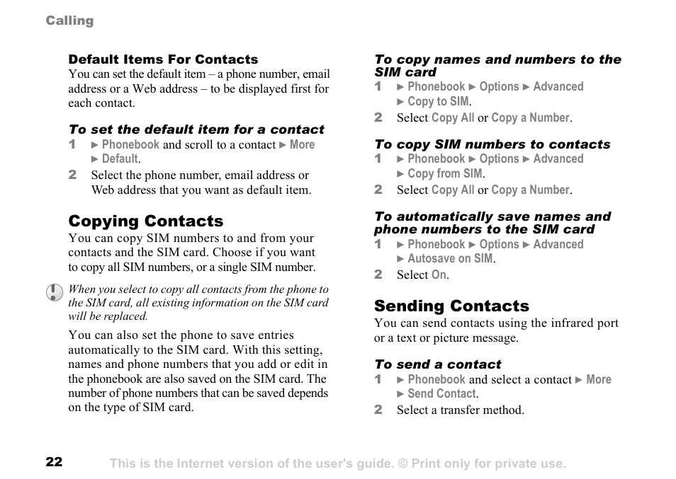 Copying contacts, Sending contacts | Sony K500 User Manual | Page 22 / 93