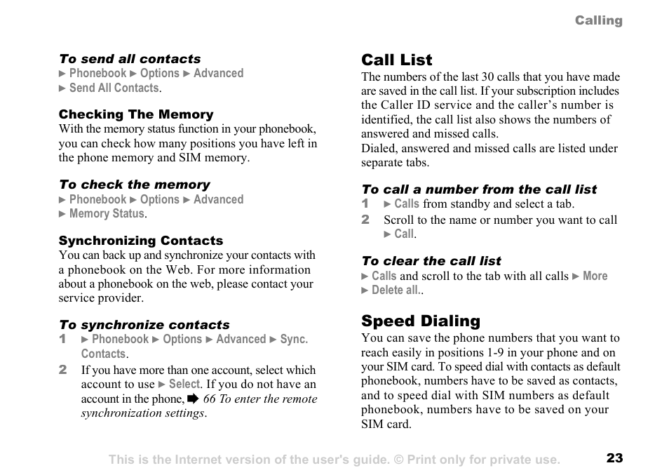 23 call list, Call list, Speed dialing | Sony K500 User Manual | Page 23 / 93