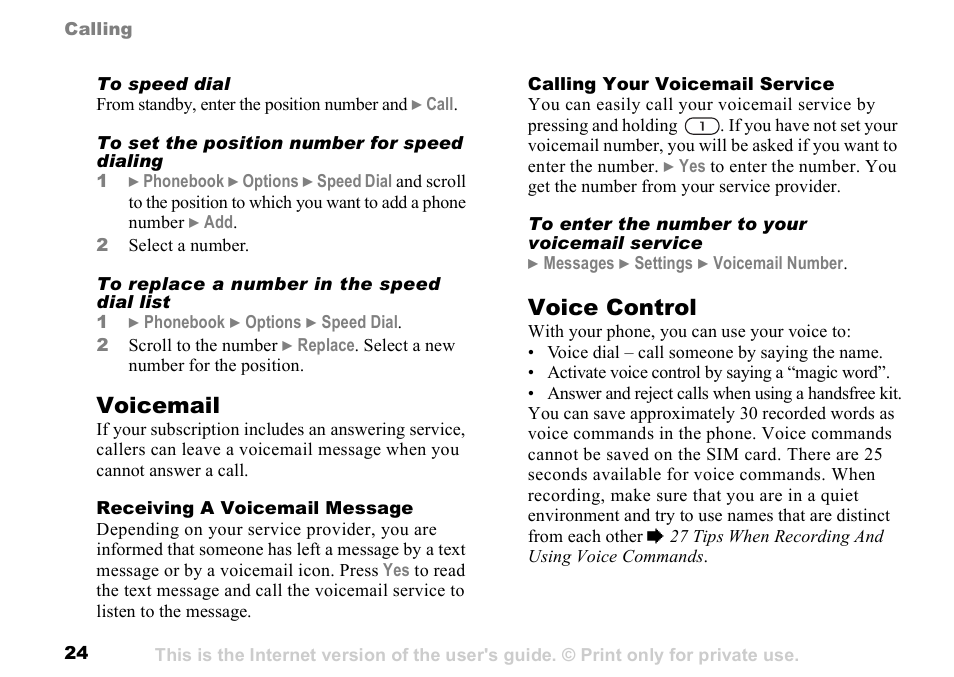 24 voice control, Voicemail, Voice control | Sony K500 User Manual | Page 24 / 93