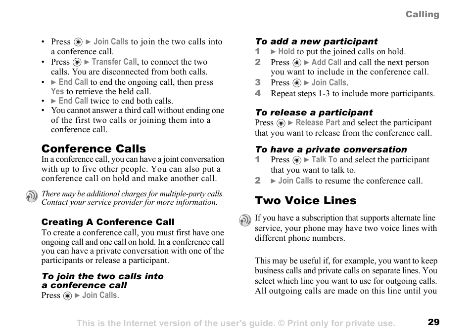 Conference calls, Two voice lines | Sony K500 User Manual | Page 29 / 93