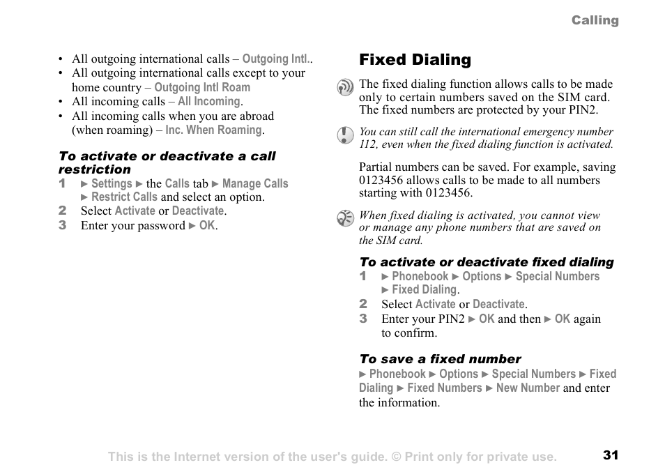 Fixed dialing | Sony K500 User Manual | Page 31 / 93