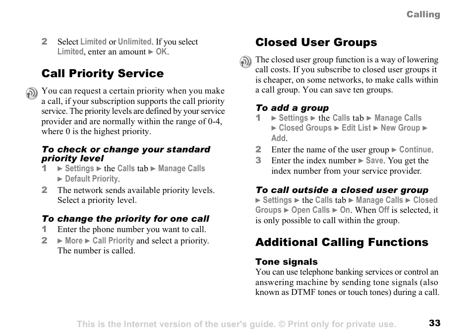 Call priority service, Closed user groups, Additional calling functions | Sony K500 User Manual | Page 33 / 93