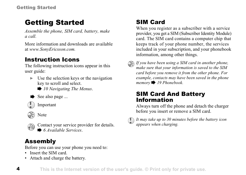 Getting started, Instruction icons, Assembly | Sim card, Sim card and battery information | Sony K500 User Manual | Page 4 / 93