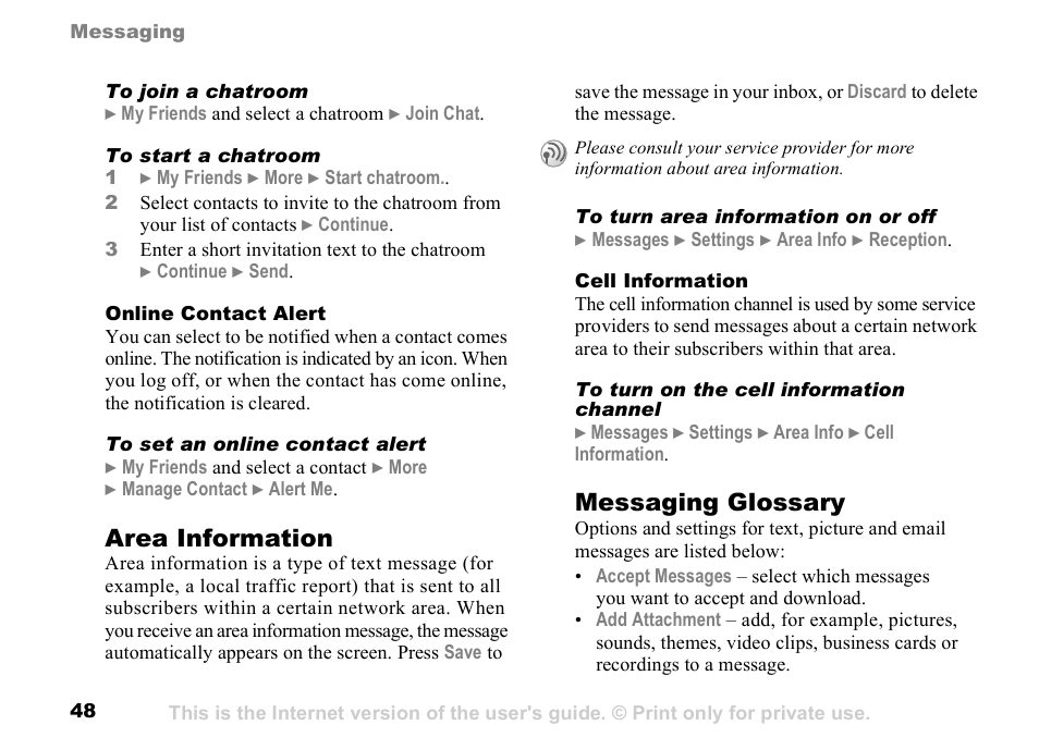 48 messaging glossary, 48 messaging, Glossary | Area information, Messaging glossary | Sony K500 User Manual | Page 48 / 93