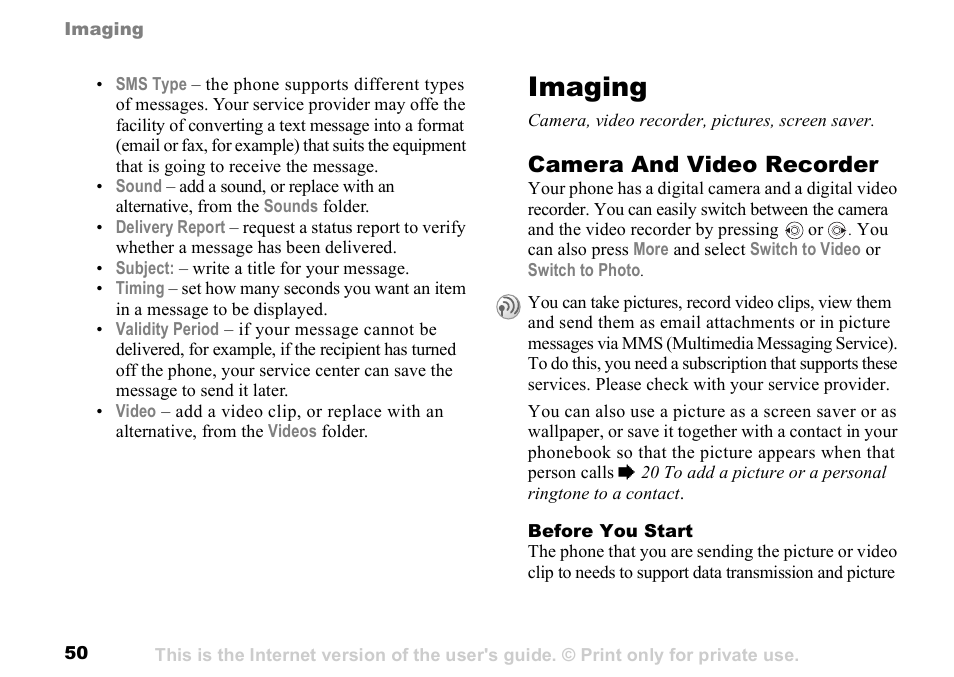 Imaging, Camera and video recorder | Sony K500 User Manual | Page 50 / 93