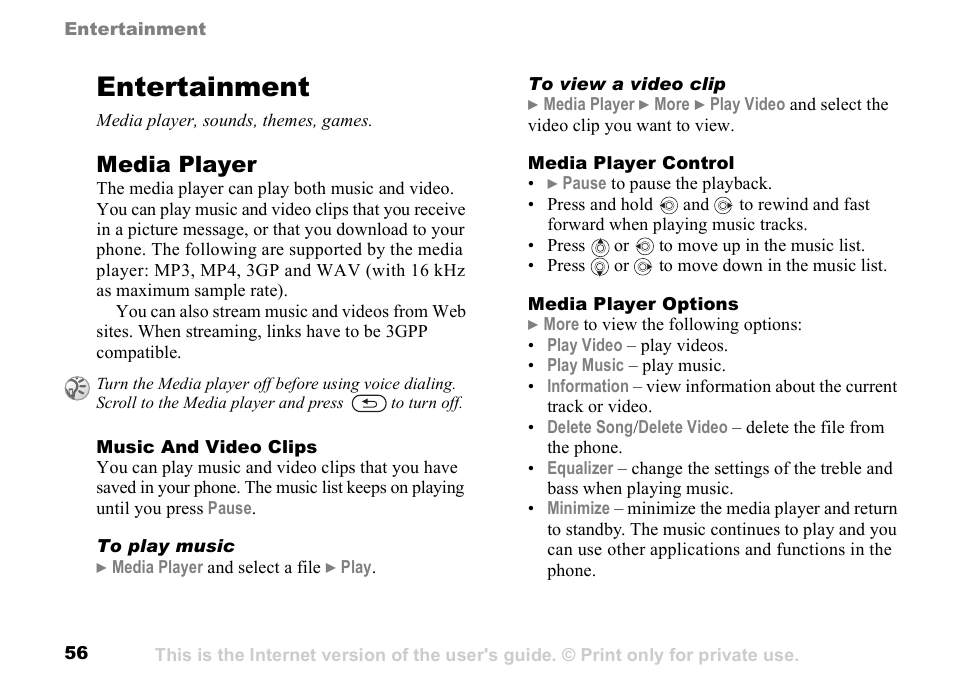 Entertainment, Entertainment media player, sounds, themes, games, Media player | Sony K500 User Manual | Page 56 / 93