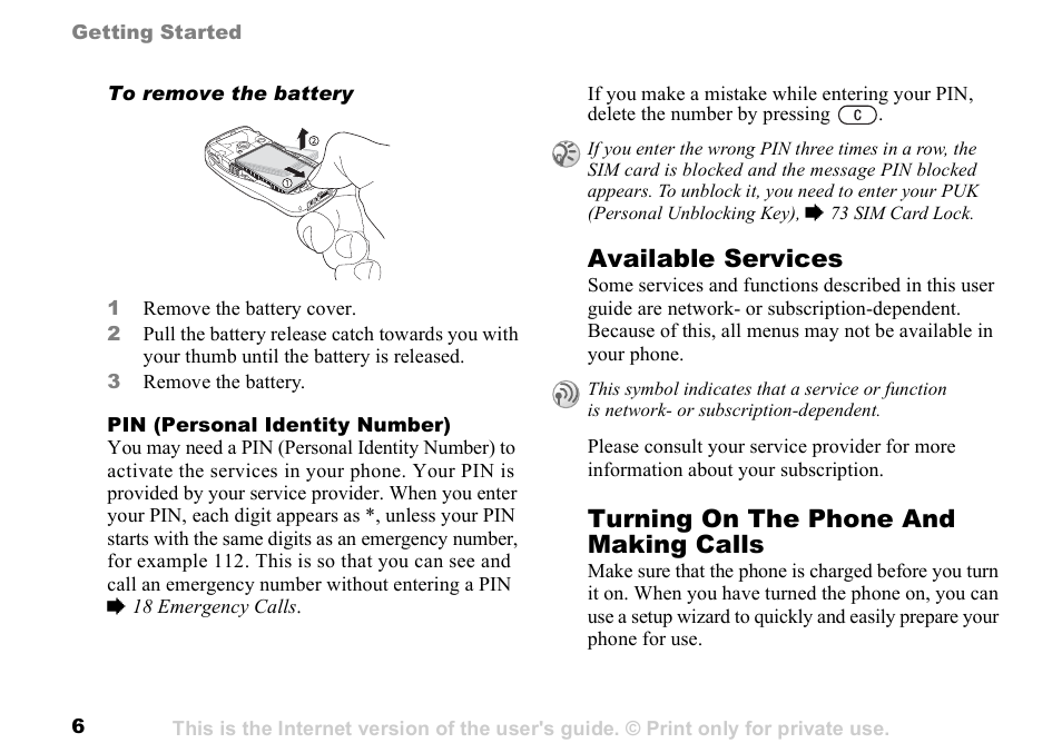 6 available services, Available services, Turning on the phone and making calls | Sony K500 User Manual | Page 6 / 93