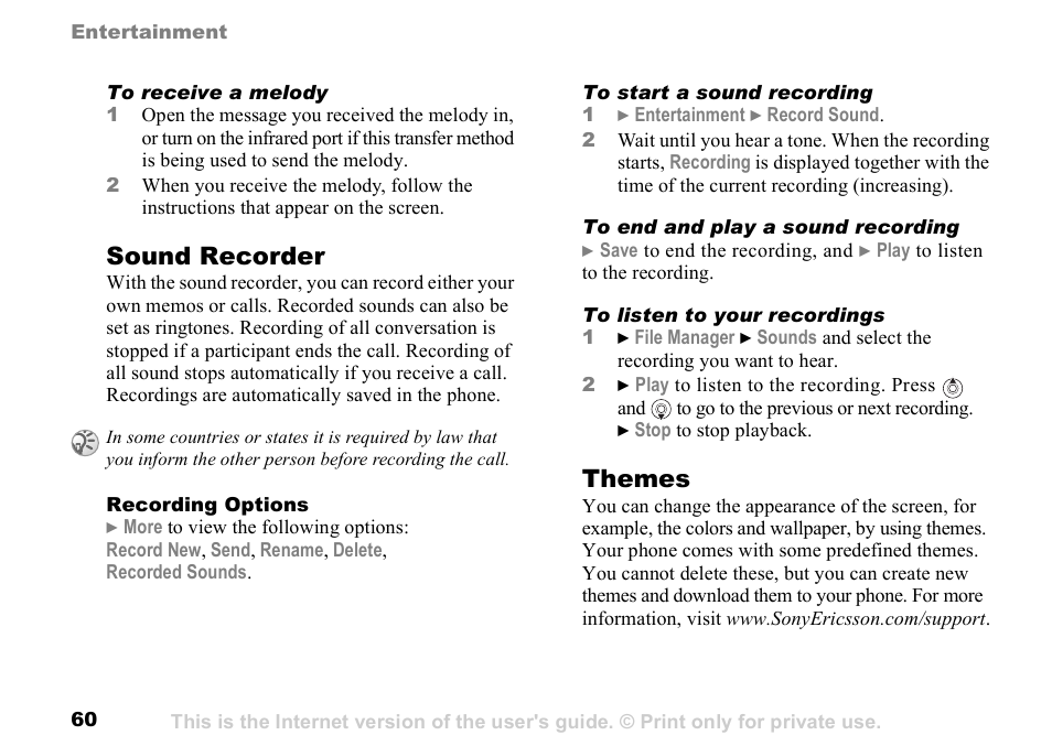 Sound recorder, Themes | Sony K500 User Manual | Page 60 / 93