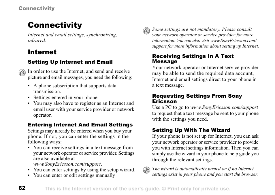 Connectivity, 62 setting up, Internet and email | 62 entering, Internet and email settings, 62 setting up internet and, Email, Internet | Sony K500 User Manual | Page 62 / 93