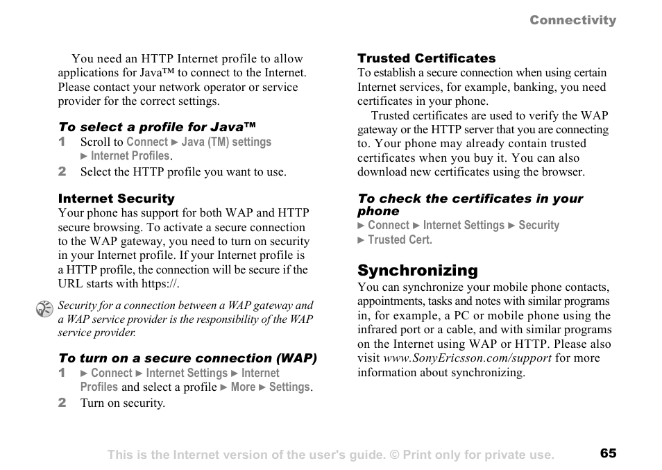 Synchronizing | Sony K500 User Manual | Page 65 / 93