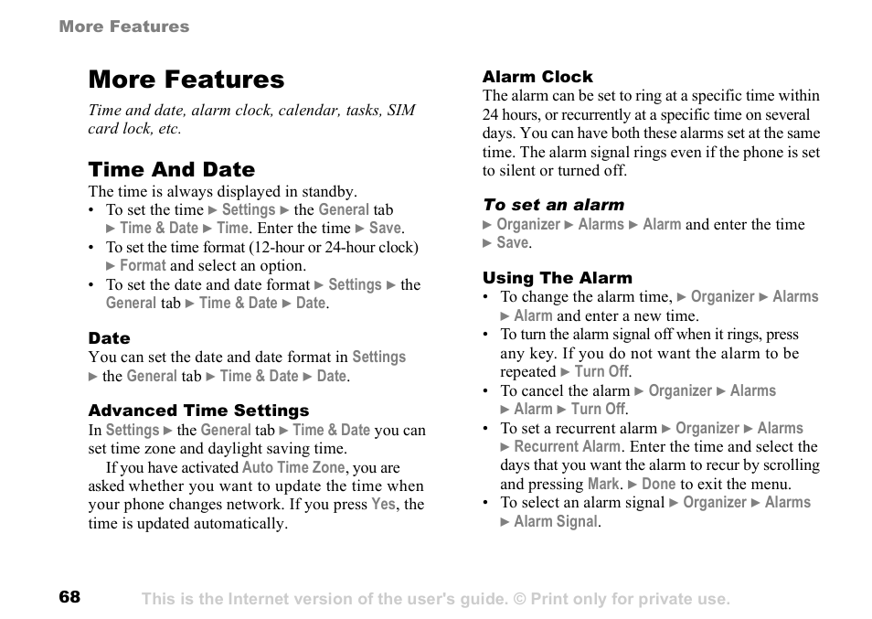 More features, Time and date | Sony K500 User Manual | Page 68 / 93