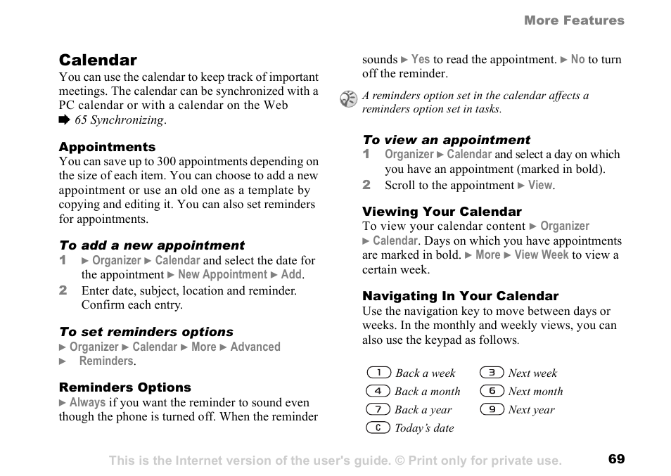Calendar | Sony K500 User Manual | Page 69 / 93