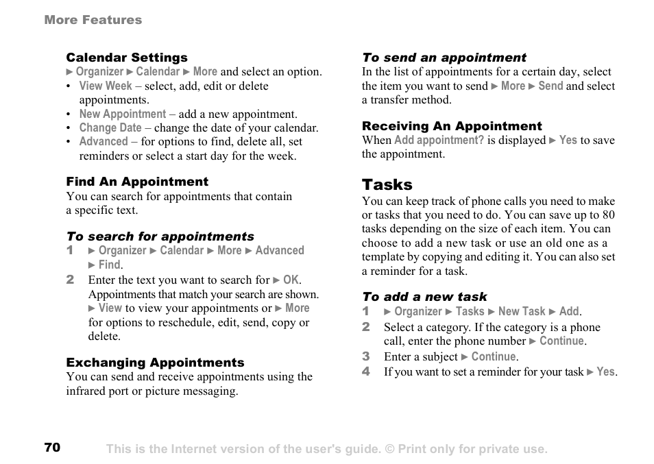Tasks | Sony K500 User Manual | Page 70 / 93
