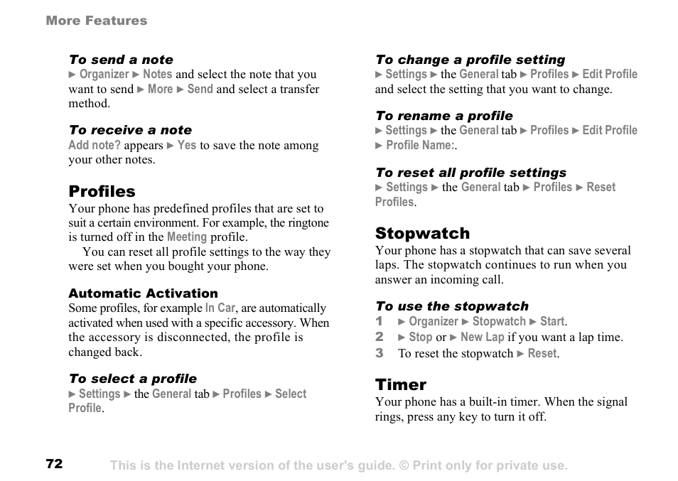 Profiles, Stopwatch, Timer | Sony K500 User Manual | Page 72 / 93