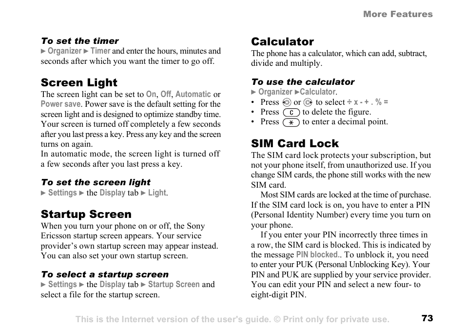 73 sim card lock, Screen light, Startup screen | Calculator, Sim card lock | Sony K500 User Manual | Page 73 / 93