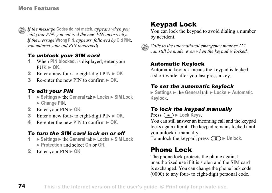 Keypad lock, Phone lock | Sony K500 User Manual | Page 74 / 93