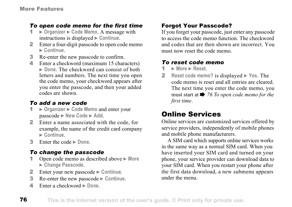 Online services | Sony K500 User Manual | Page 76 / 93