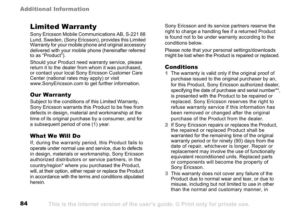 Limited warranty | Sony K500 User Manual | Page 84 / 93