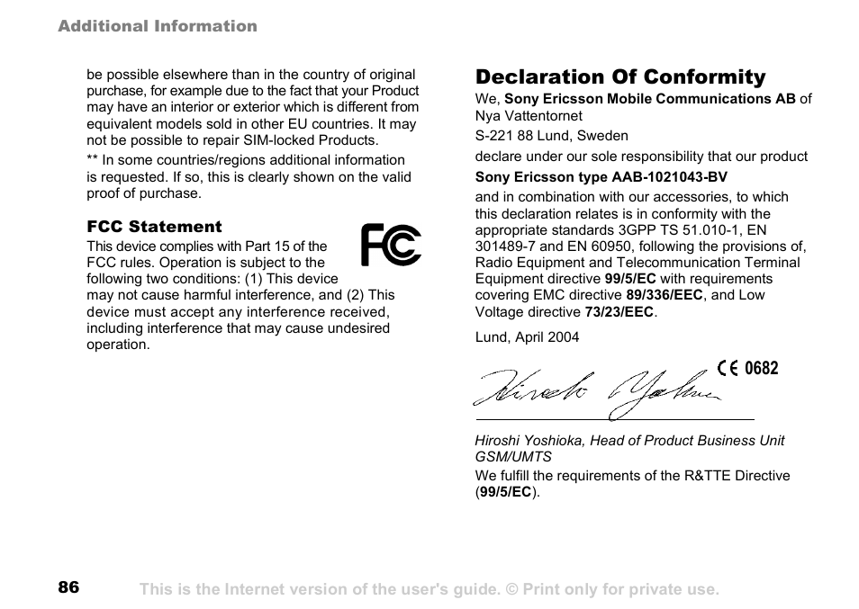 Declaration of conformity | Sony K500 User Manual | Page 86 / 93