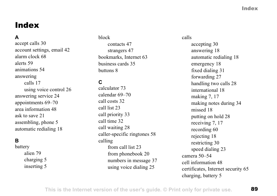 Index | Sony K500 User Manual | Page 89 / 93