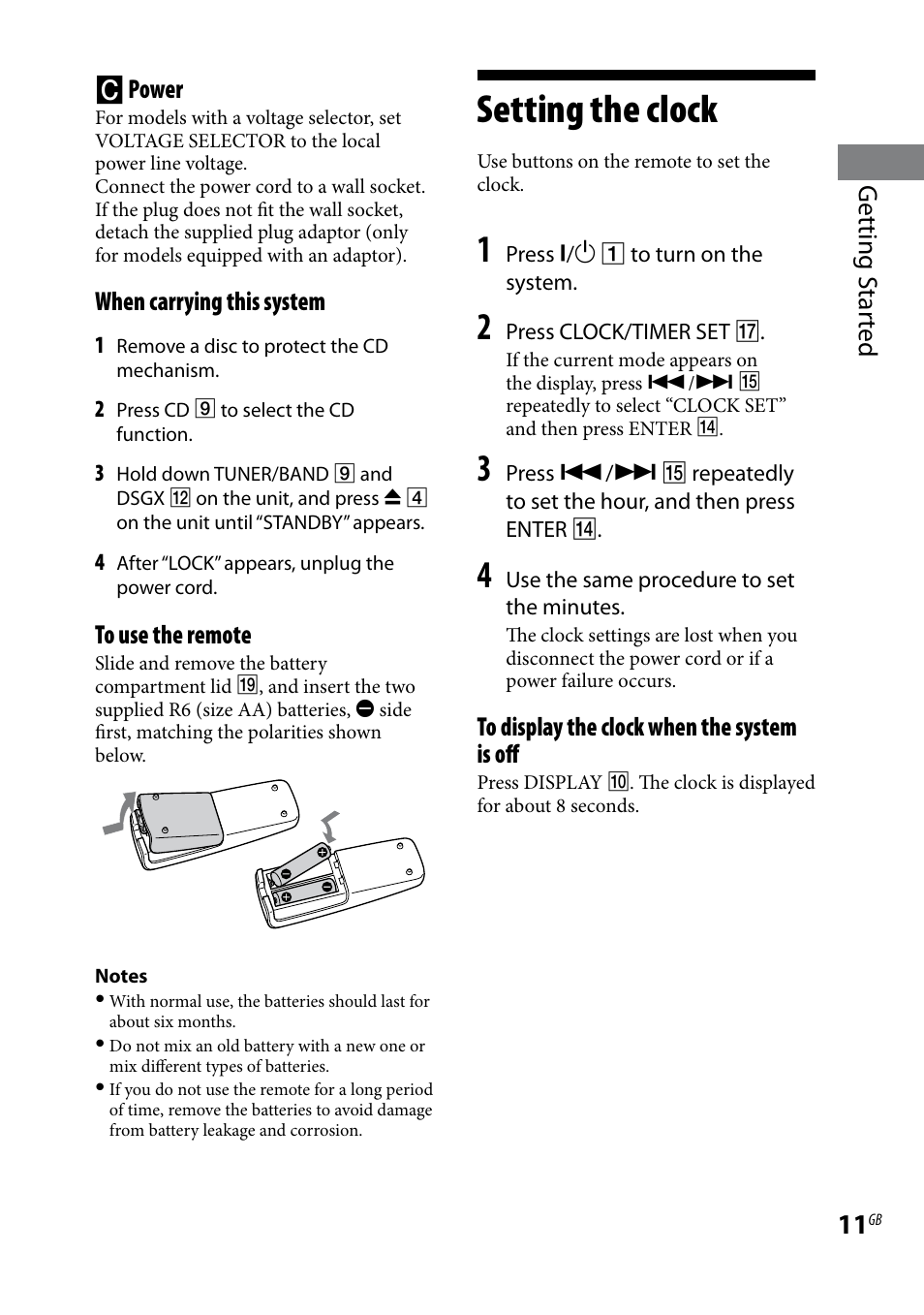 Setting the clock, Getting s tar ted  power, When carrying this system | Sony CMT-BX3 User Manual | Page 11 / 32