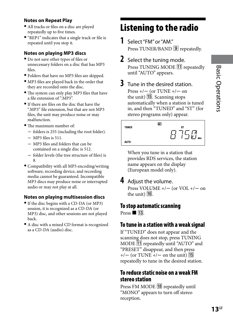 Listening to the radio, Basic oper ations | Sony CMT-BX3 User Manual | Page 13 / 32