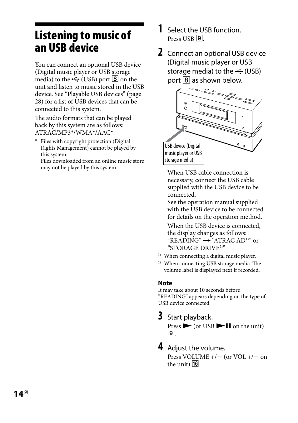 Listening to music of an usb device, Listening to music of an usb, Device | Sony CMT-BX3 User Manual | Page 14 / 32