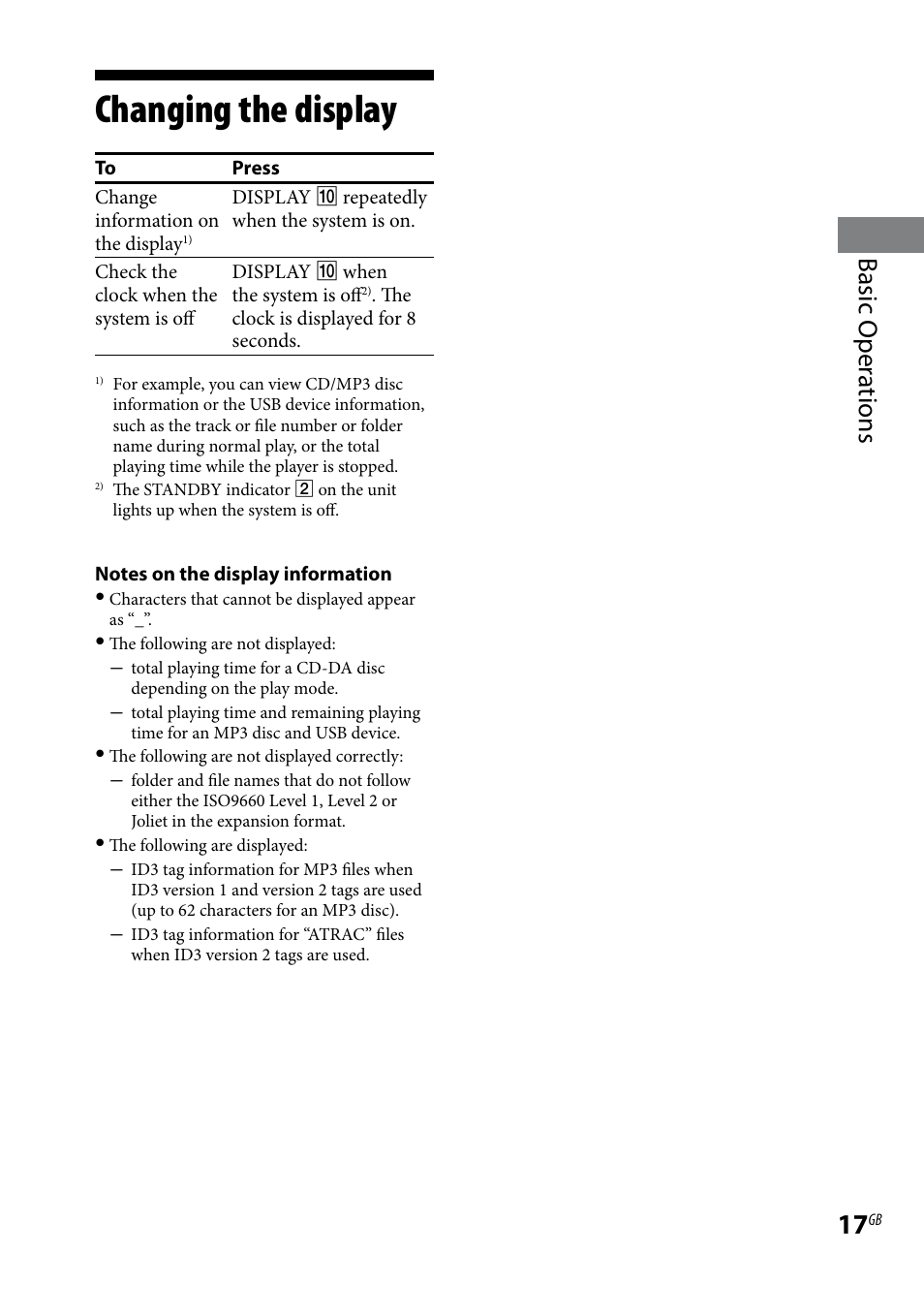 Changing the display, Basic oper ations | Sony CMT-BX3 User Manual | Page 17 / 32