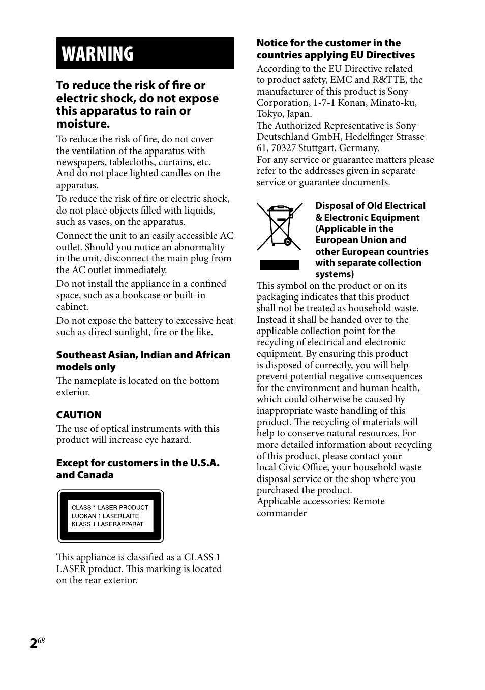 Warning | Sony CMT-BX3 User Manual | Page 2 / 32