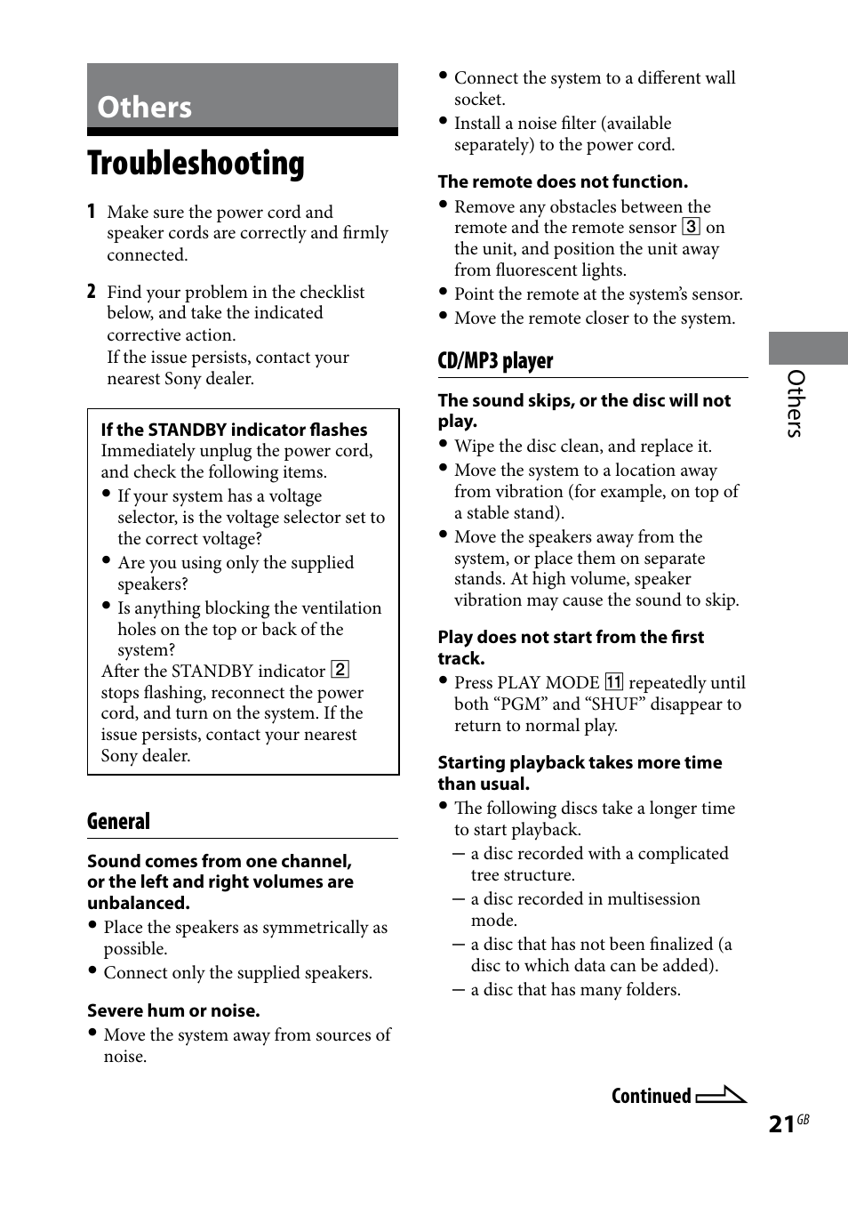 Others, Troubleshooting, General | Cd/mp3 player | Sony CMT-BX3 User Manual | Page 21 / 32