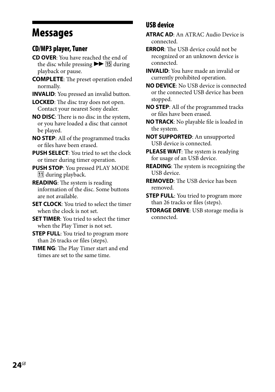 Messages, Cd/mp3 player, tuner, Usb device | Sony CMT-BX3 User Manual | Page 24 / 32