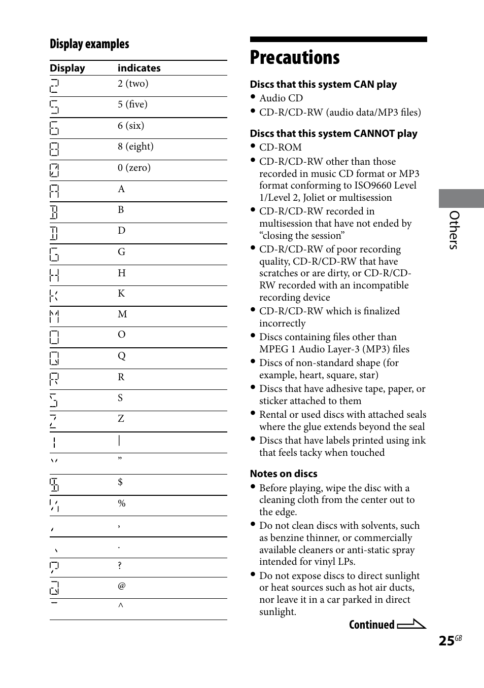 Precautions, Others display examples | Sony CMT-BX3 User Manual | Page 25 / 32