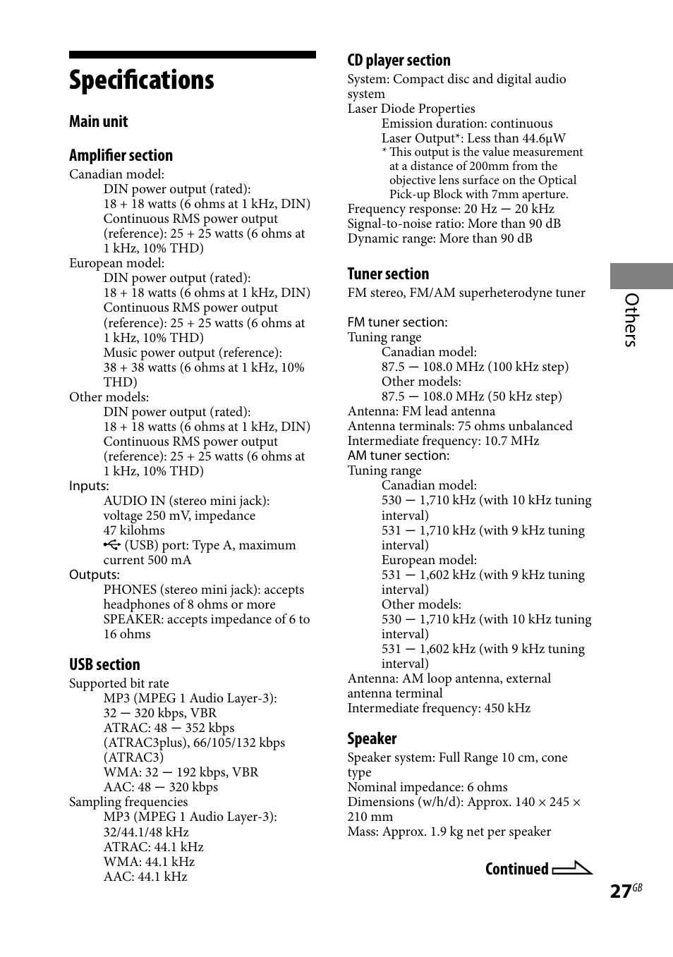 Specifications, Others, Speaker | Continued | Sony CMT-BX3 User Manual | Page 27 / 32