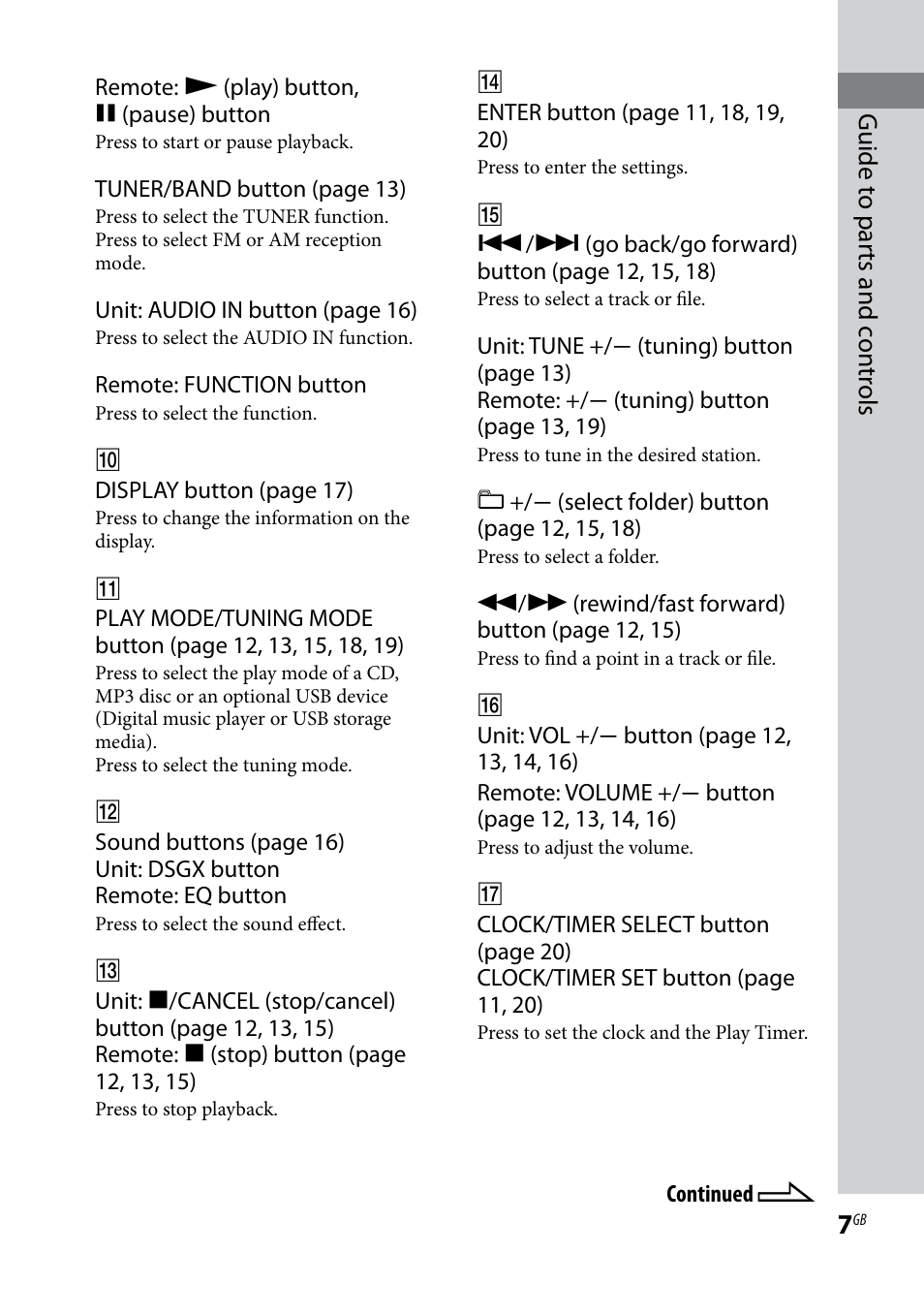 Guide t o par ts and c on tr ols | Sony CMT-BX3 User Manual | Page 7 / 32