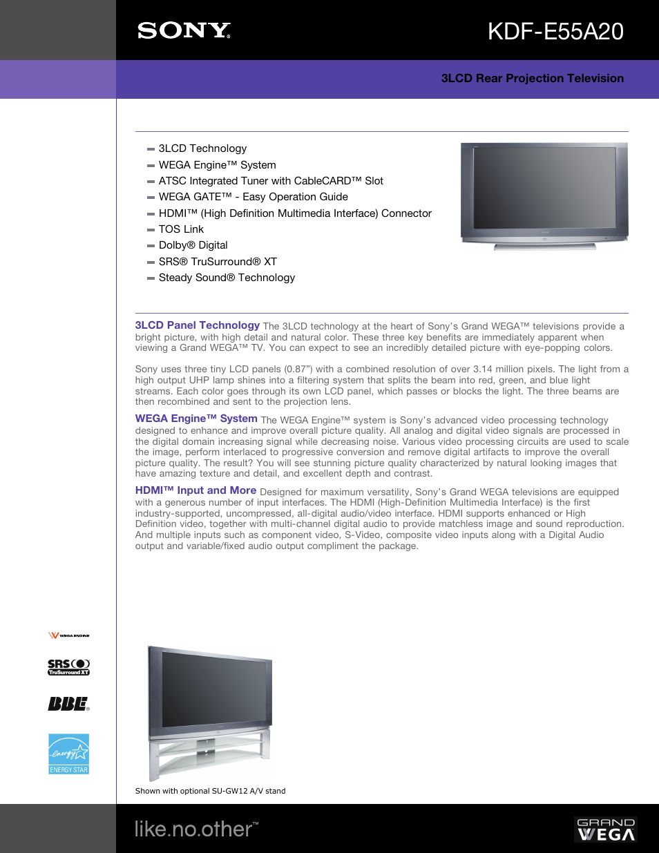 Sony KDF-E55A20 User Manual | 2 pages