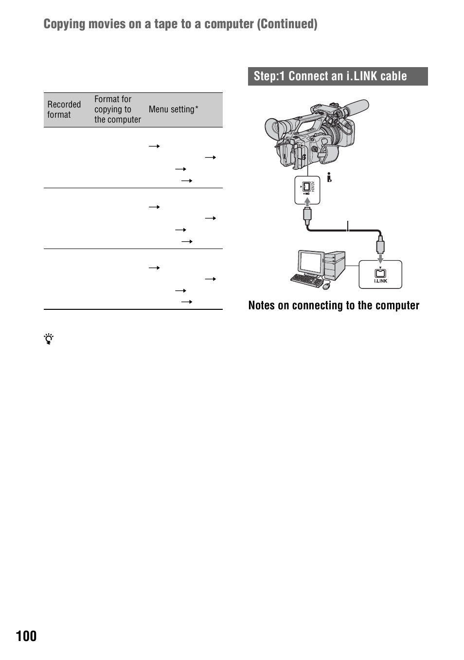 Copying movies on a tape to a computer (continued), Step:1 connect an i.link cable | Sony 4-114-858-12(1) User Manual | Page 100 / 143