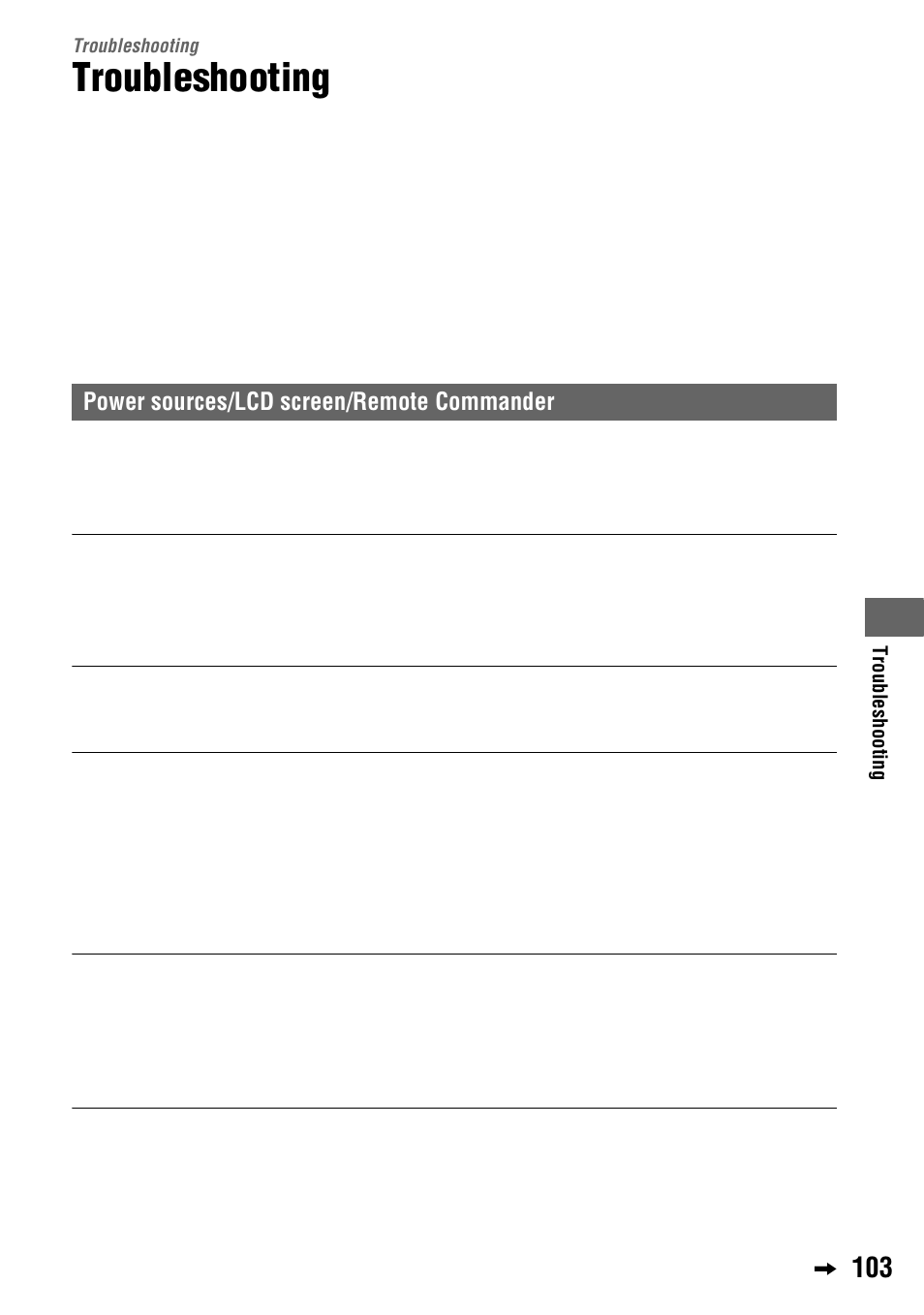 Troubleshooting, Power sources/lcd screen/remote commander | Sony 4-114-858-12(1) User Manual | Page 103 / 143