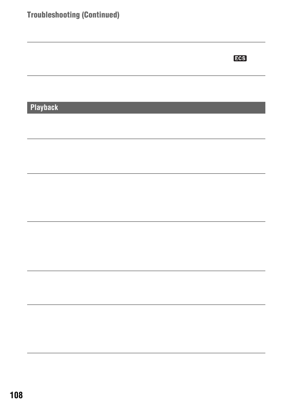 P. 108, Troubleshooting (continued), Playback | Sony 4-114-858-12(1) User Manual | Page 108 / 143