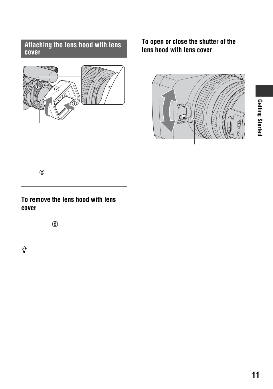 P. 11, Attaching the lens hood with lens cover | Sony 4-114-858-12(1) User Manual | Page 11 / 143